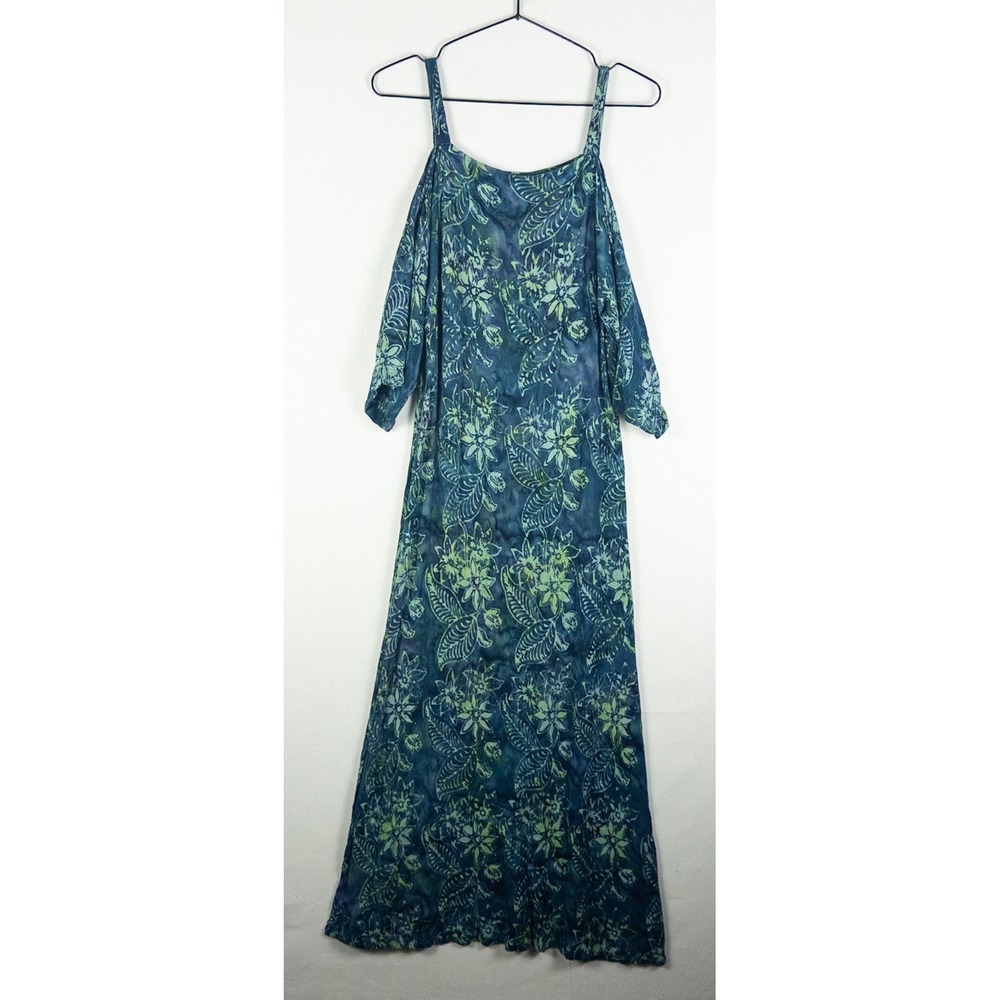 Soft‎ Surroundings Womens PS Blue Green Batik Floral Cold Shoulder Maxi Dress